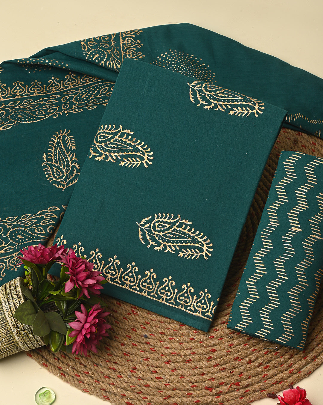 Premium Green Golden Hand Block Print Cotton Suit Sets With Cotton Dupatta CFCOTMU66