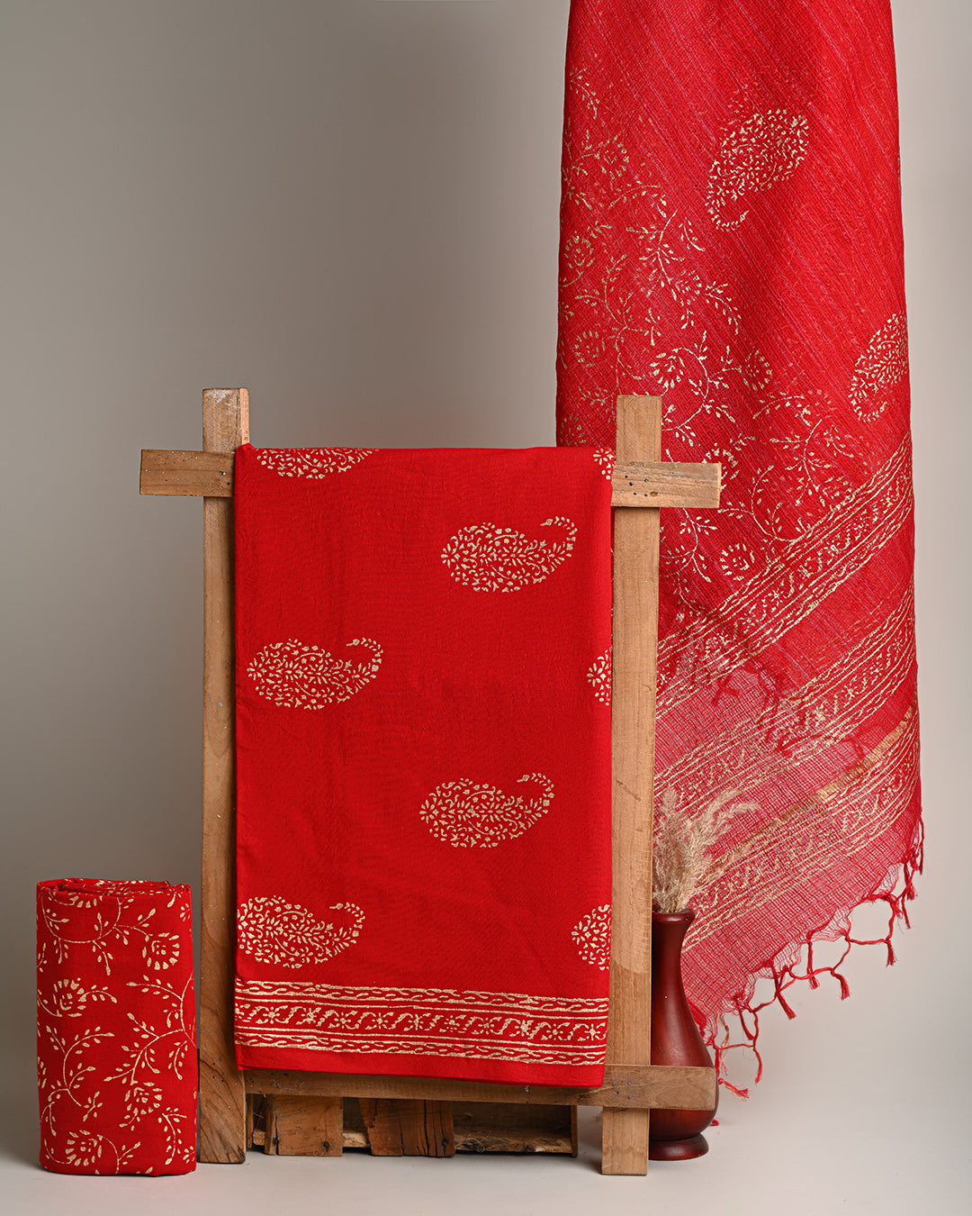Exclusie Red With Golden Sanganeri Print Suit With Kota Doria Dupatta CFCOTKO15