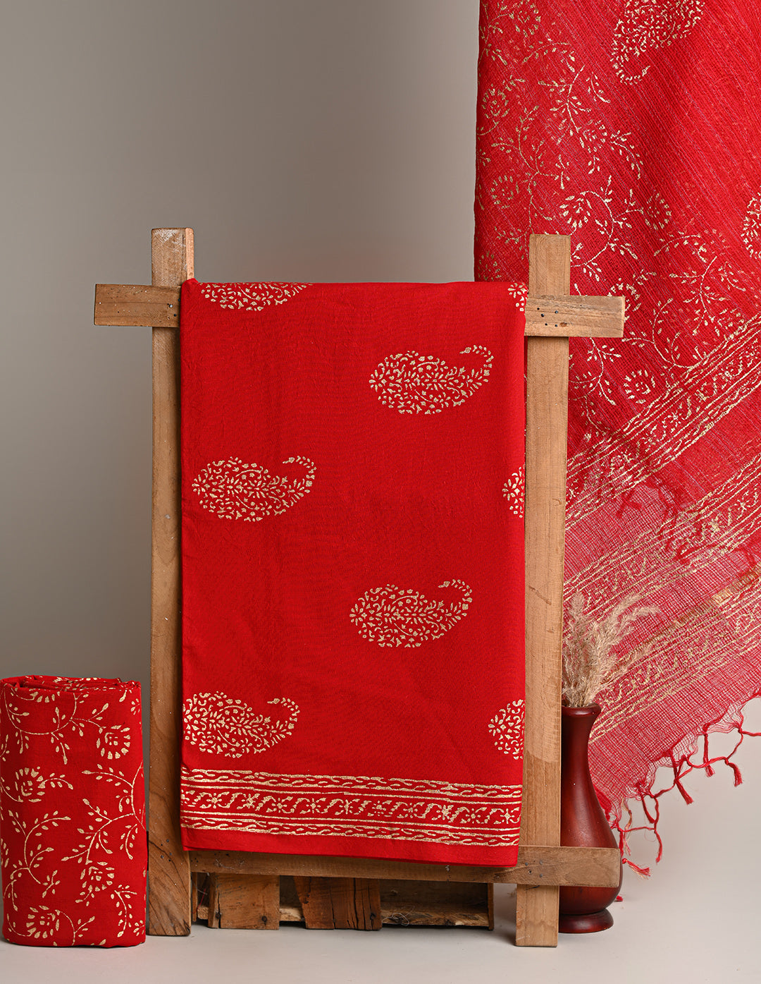 Exclusie Red With Golden Sanganeri Print Suit With Kota Doria Dupatta CFCOTKO15
