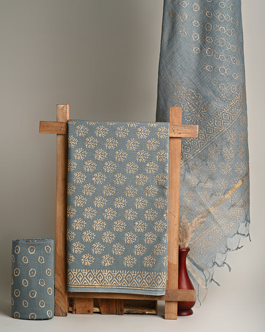 Premium  Grey Sanganeri Print Cotton Suit With Kota Doria Dupatta CFCOTKO17