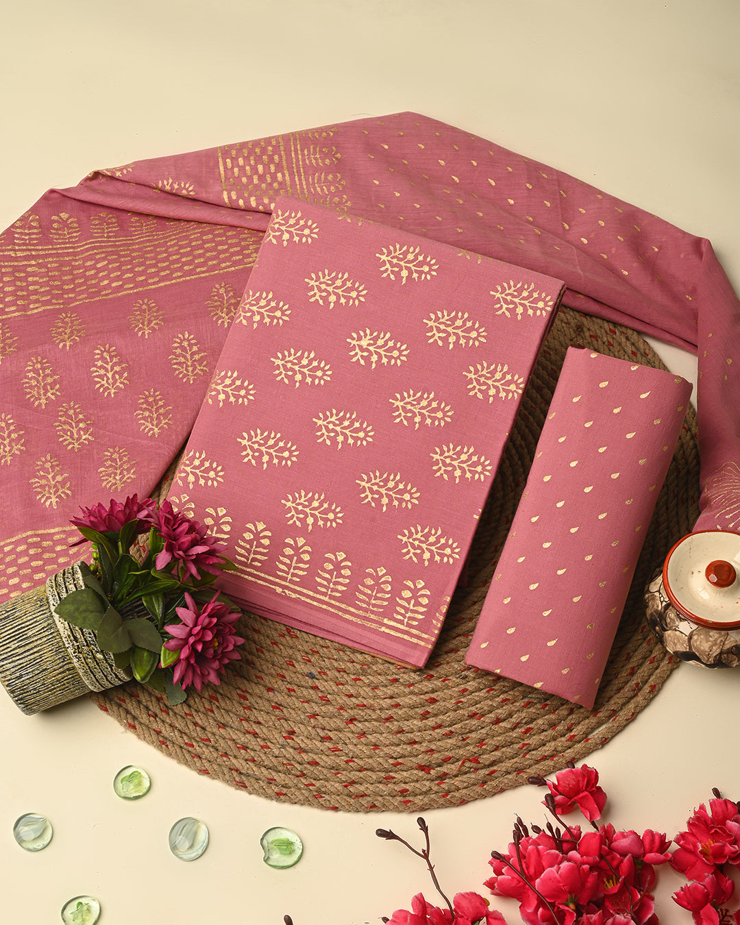 Elegant Golden Print Hand Block Print Cotton Suit Sets With Cotton Dupatta CFCOTMU67