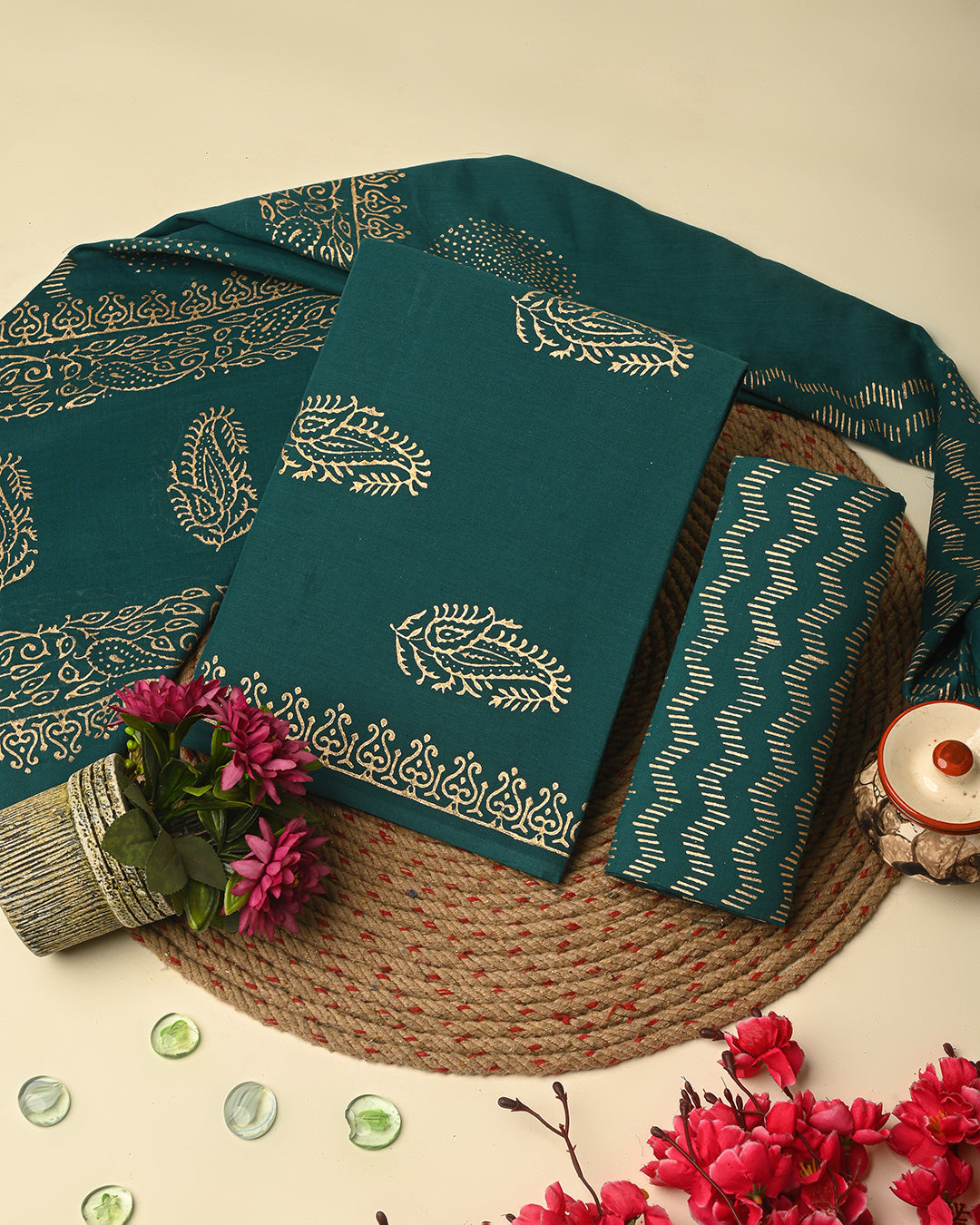 Premium Green Golden Hand Block Print Cotton Suit Sets With Cotton Dupatta CFCOTMU66