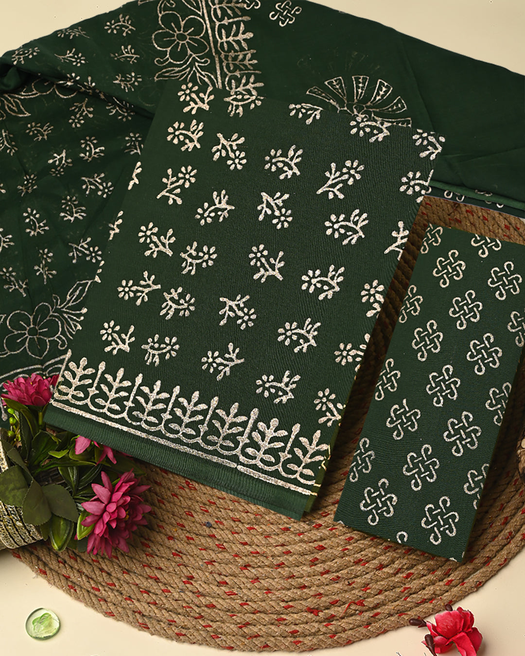 Adorable Green Golden Print Hand Block Printed Cotton Suit With Cotton Dupatta CFCOTMU52