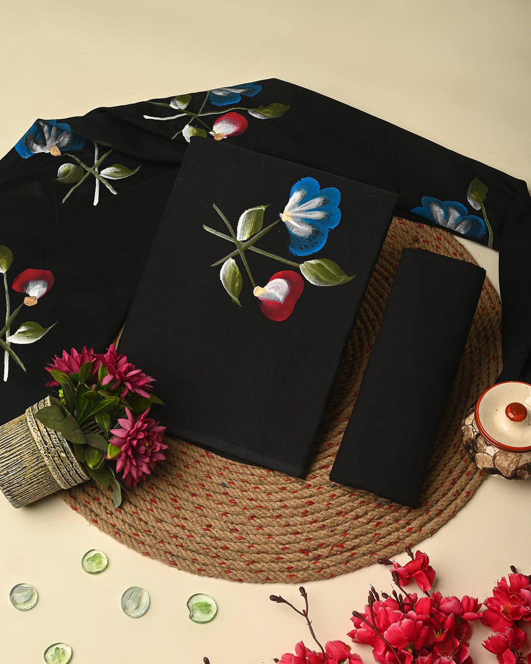 Black Hand Painted Cotton Suit Sets With Cotton Dupatta CFCOTMU74
