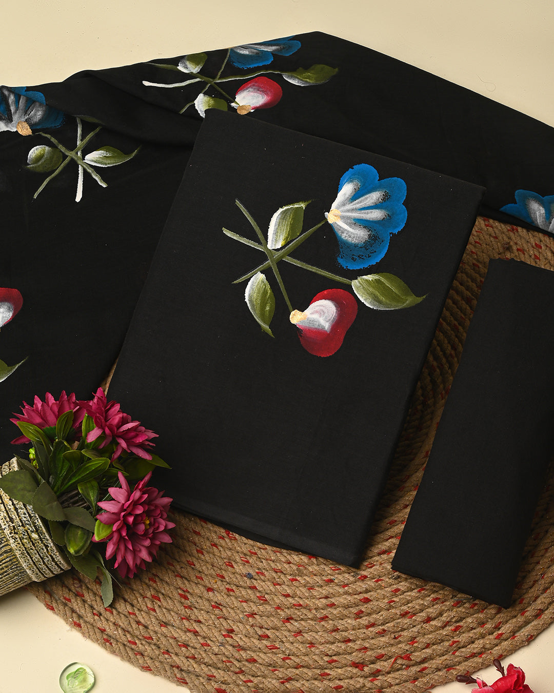 Black Hand Painted Cotton Suit Sets With Cotton Dupatta CFCOTMU74