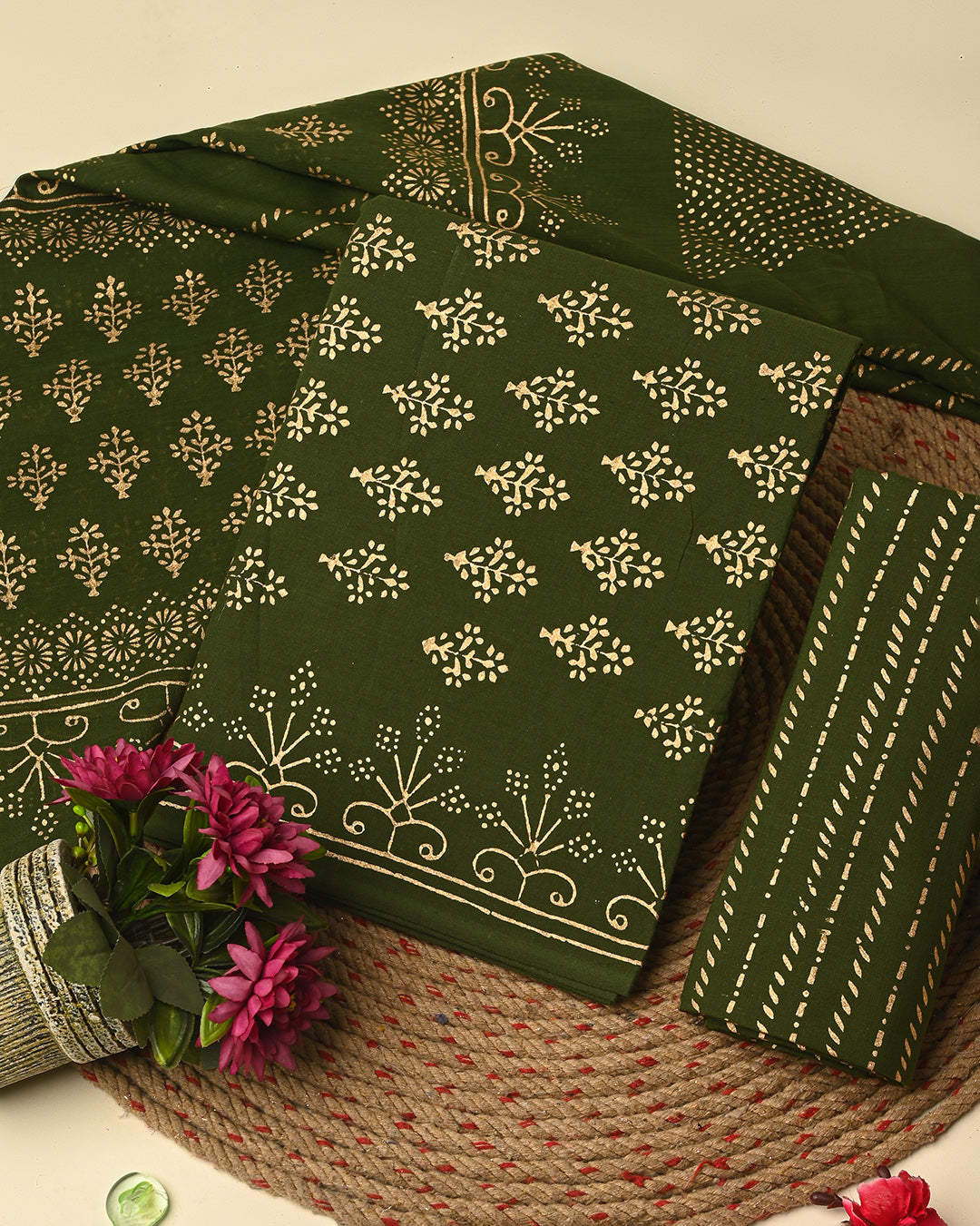 Adorable Green Golden Print Hand Block Printed Cotton Suit With Cotton Dupatta CFCOTMU52