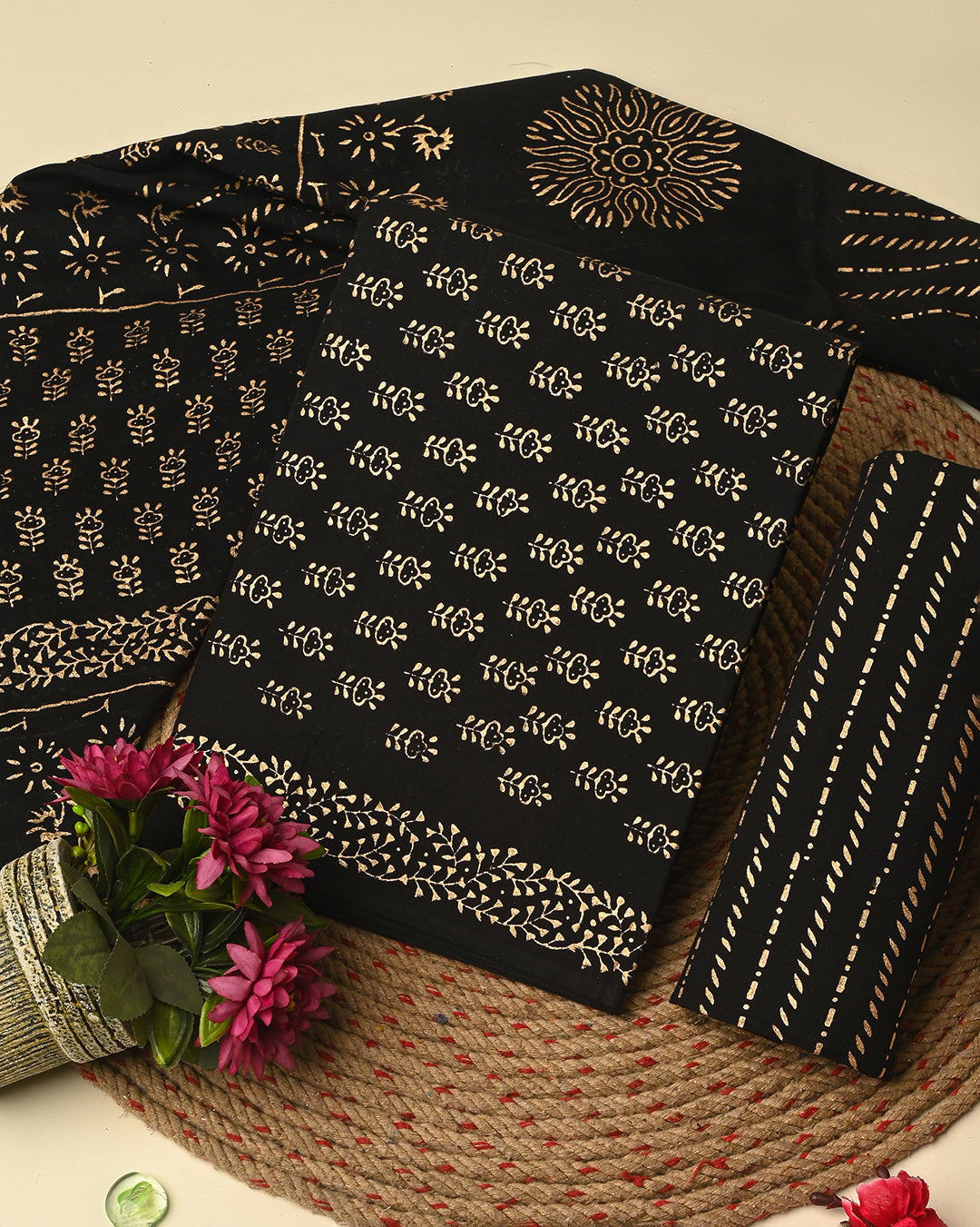 Elegant Black Golden Print Cotton Suit Sets With Cotton Dupatta CFCOTMU80