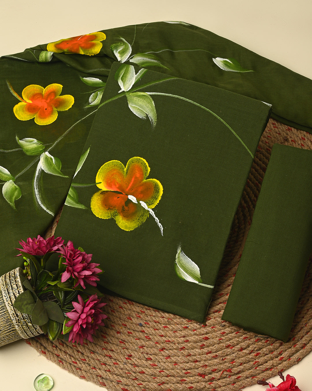 Premium Green Hand Painted Cotton Suit With Cotton Duptta CFCOTMU63