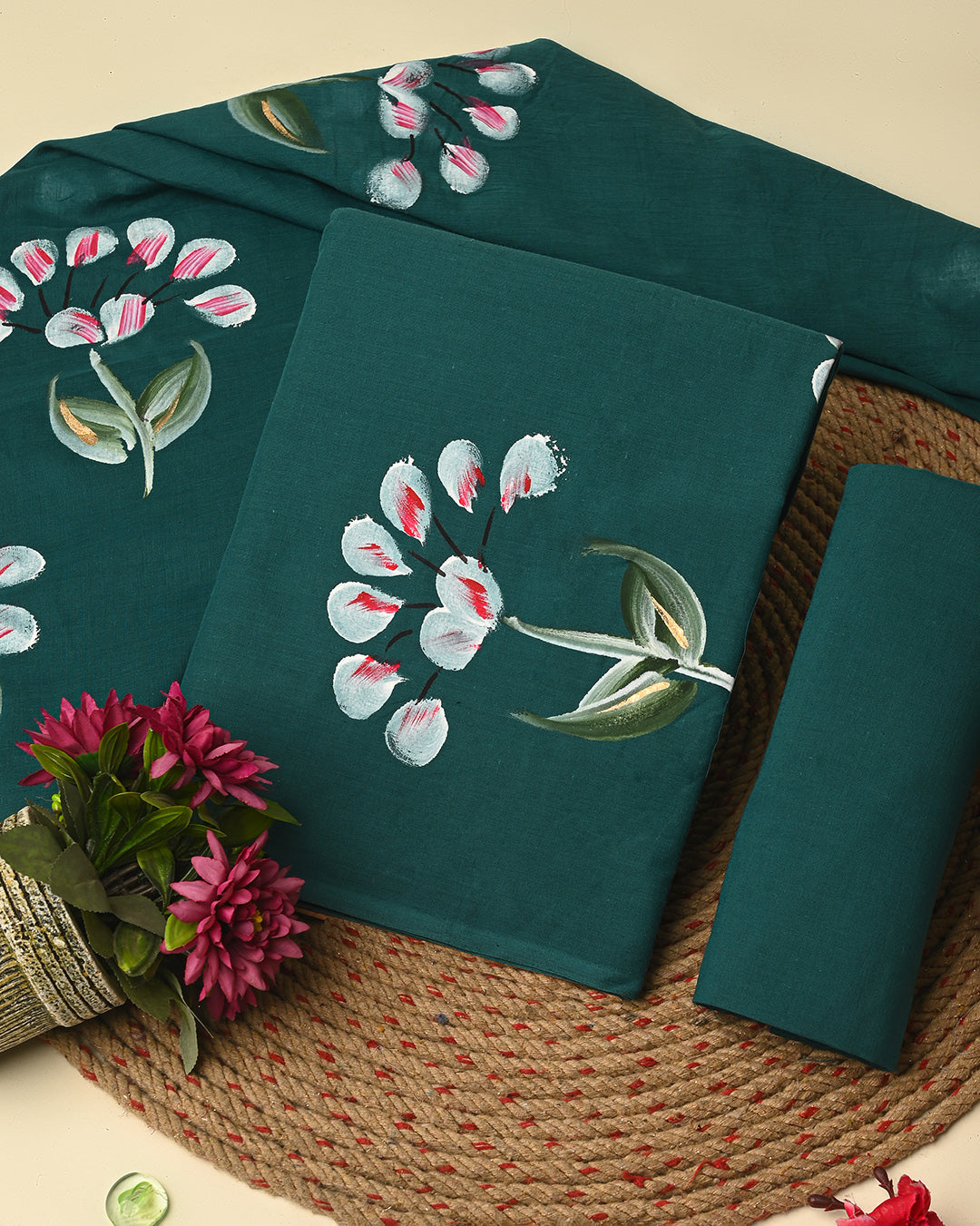 Traditional Green Hand Painted Cotton Suit With Cotton Dupatta CFCOTMU44