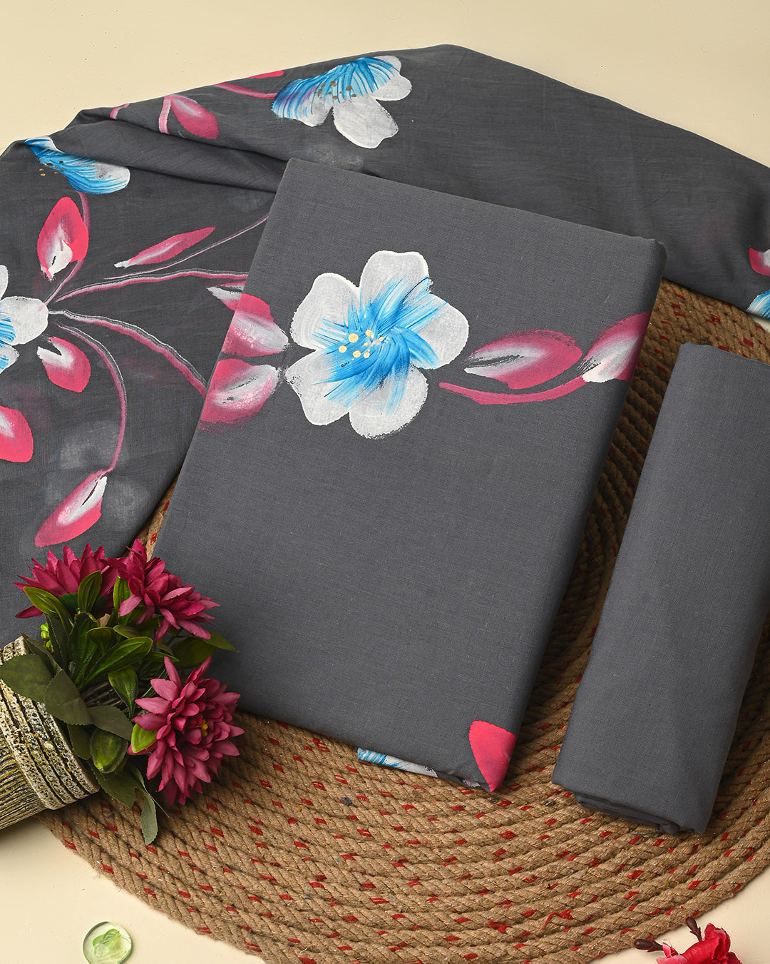 Exclusive Hand Painted Grey Hand Block Printed Cotton Suit With Cotton Dupatta CFCOTMU65