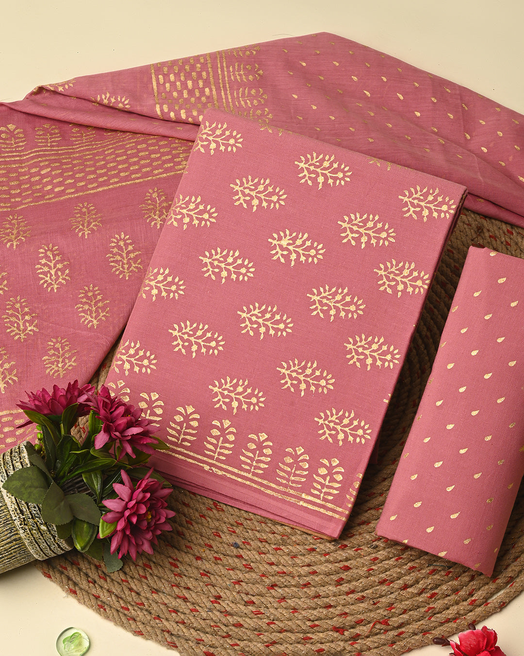 Elegant Golden Print Hand Block Print Cotton Suit Sets With Cotton Dupatta CFCOTMU67