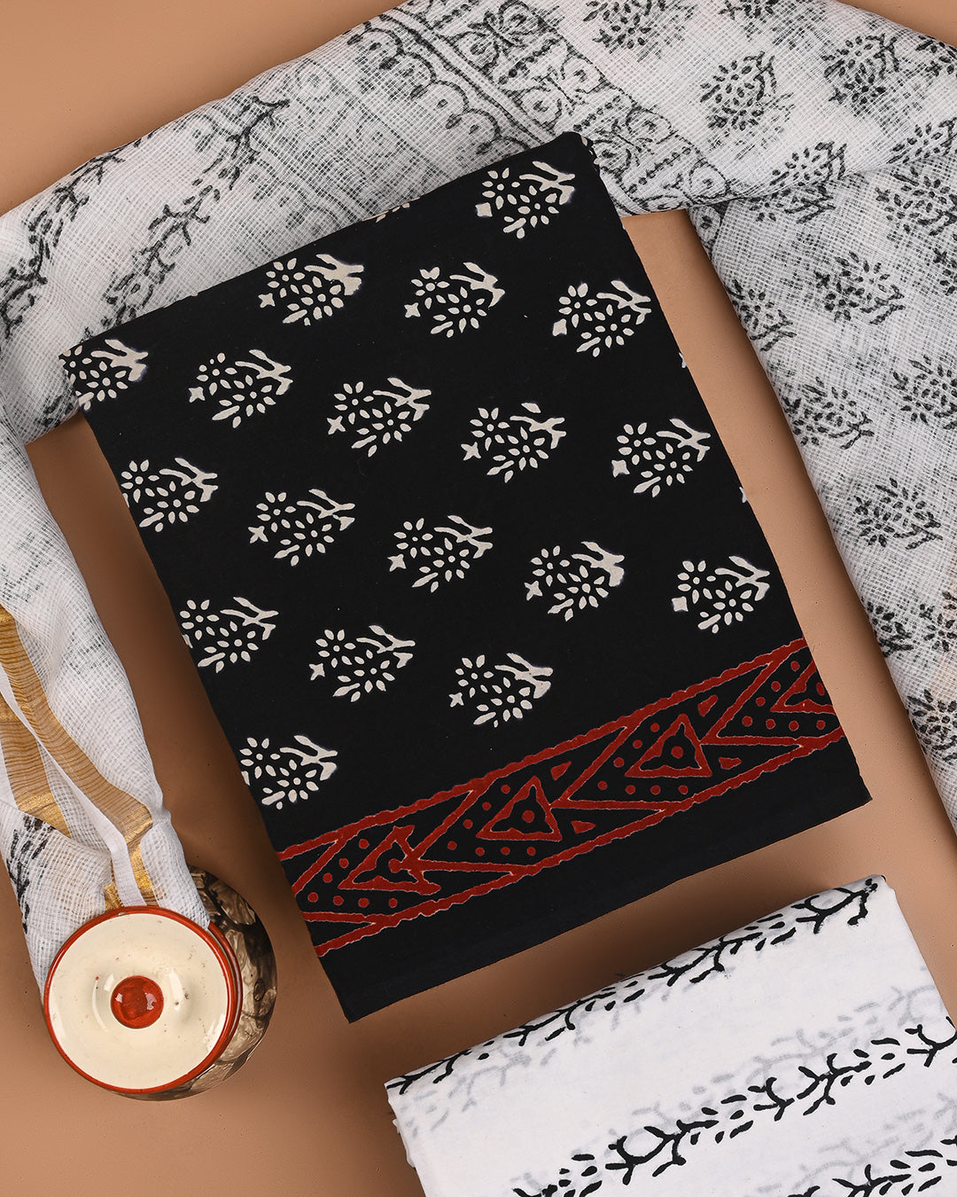 Exclusive Black and White Printed Cotton Suit With Kota Dupatta CFCOTKO39