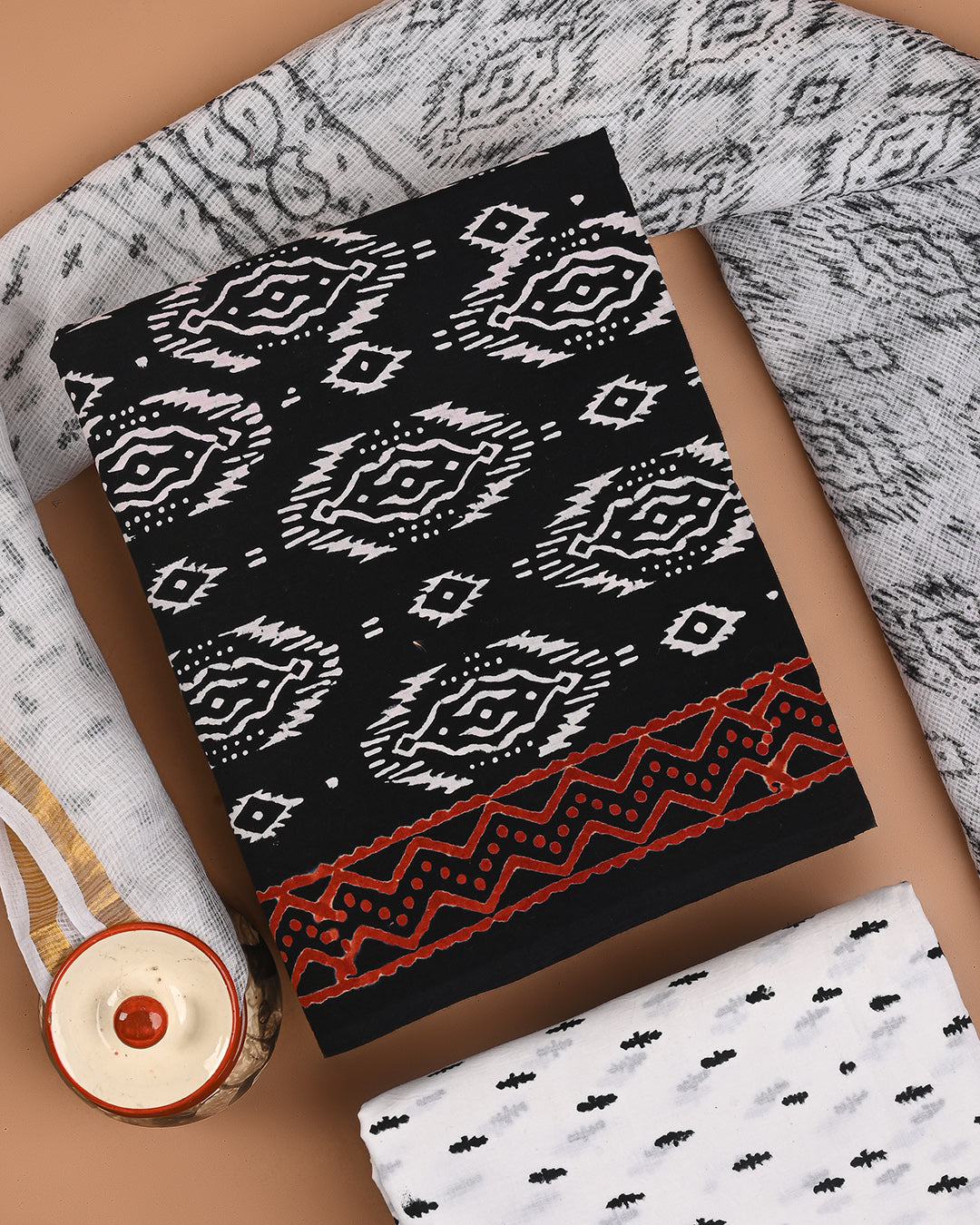 New Black and White Cotton Suit With Kota Doria Dupatta CFCOTKO38