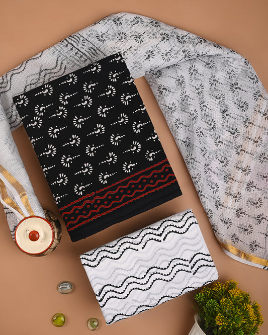 New Black & White Cotton Suit With Kota Doria Dupatta CFCOTKO34