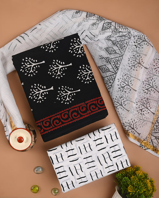 New Black & White Premium Sober Cotton Suit With Kota Doria Dupatta CFCOTKO50