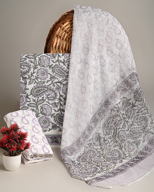 Elegant White Floral Hand Painted Cotton Suit With Chiffon Dupatta (CFCOTCH20