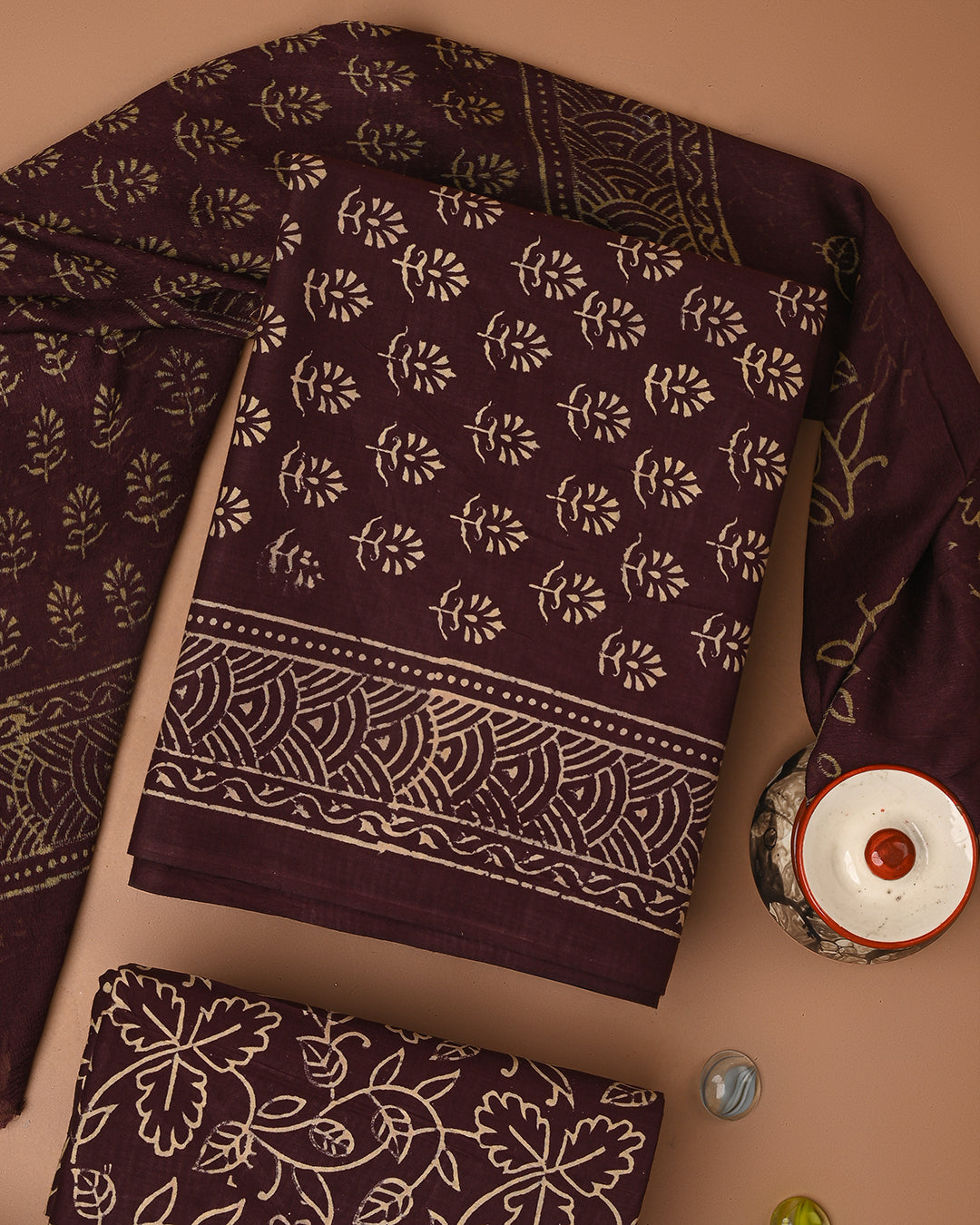 Premium Brown Golden Print Cotton Suit With Chiffon Dupatta CFCOTCH47