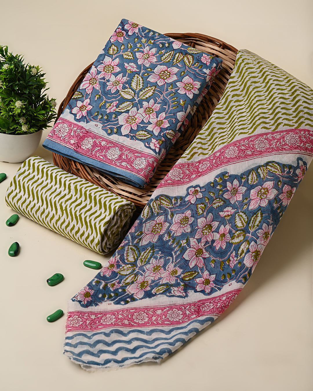Blue and Pink Floral Hand Block Print Cotton Suit Sets With Cotton Dupatta CFCOTMU54