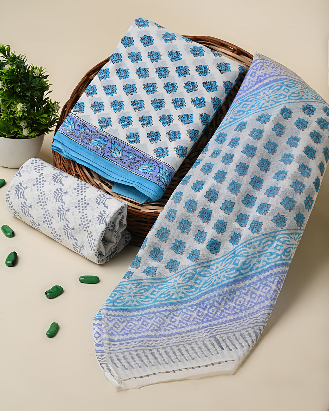 New White and Blue Sanganeri Hand Block Print Cotton Suit Sets With Cotton Dupatta CFCOTMU61