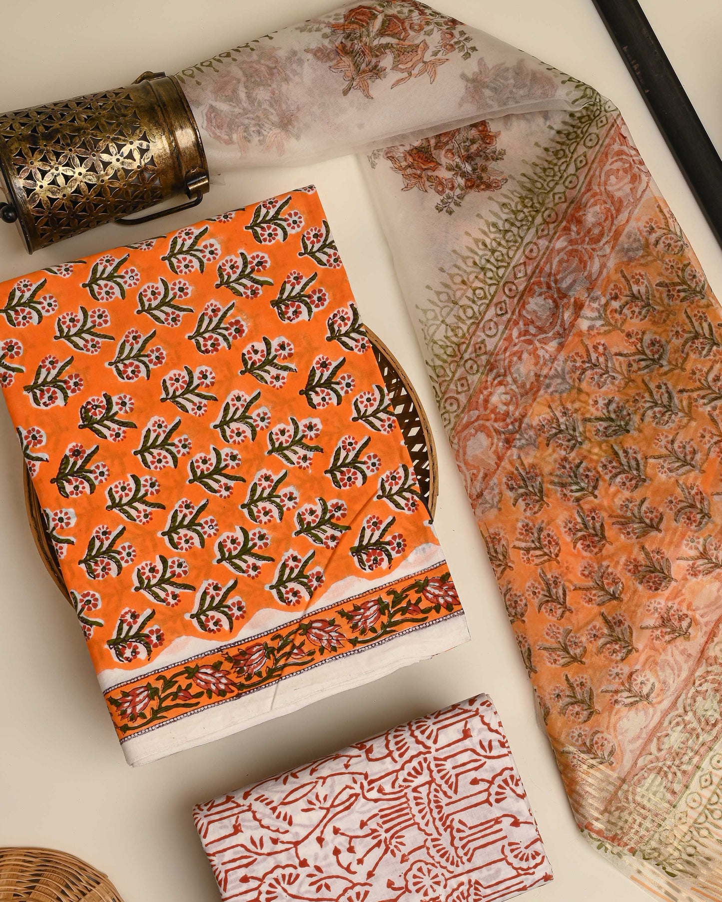 Exclusive Yellow Sanganeri Printed Cotton Suit With Organza Dupatta CFCOD11