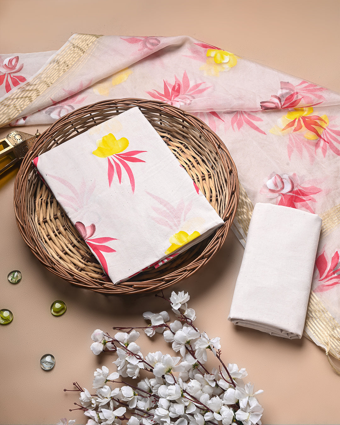 Exclusive Peach Sanganeri Printed Cotton Suit With Organza Dupatta CFCOD15
