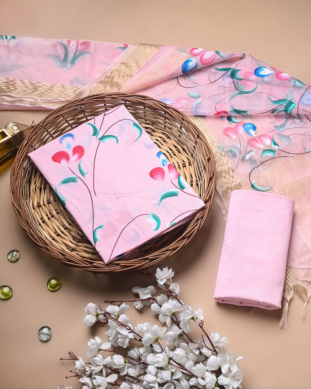 Exclusive Pink Floral Hand Painted Cotton Suit With Organza Dupatta CFCOD10