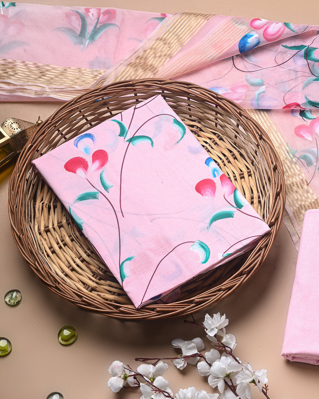 Exclusive Pink Floral Hand Painted Cotton Suit With Organza Dupatta CFCOD10