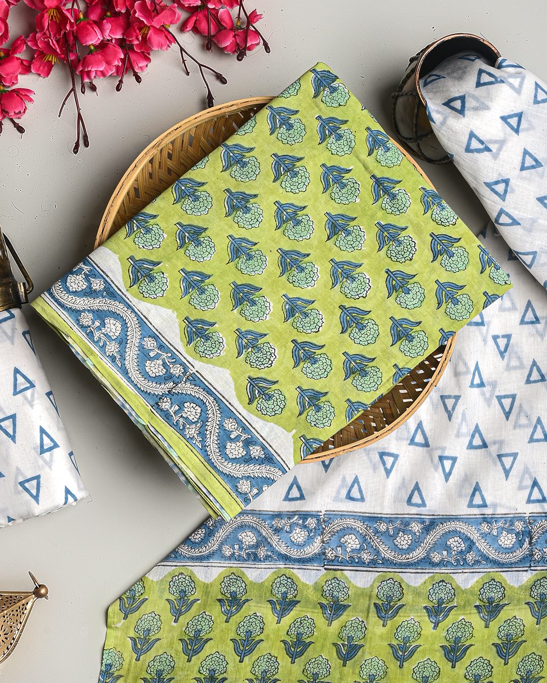 Elegant Green Sanganeri Hand Block Print Cotton Suit Sets With Cotton Dupatta CFCOTMU37
