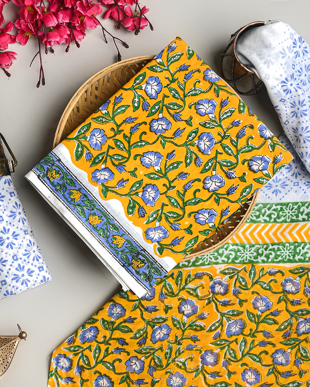 New Yellow and Blue Floral Sanganeri Hand Block Print Cotton Suit Sets With Cotton Dupatta CFCOTMU77