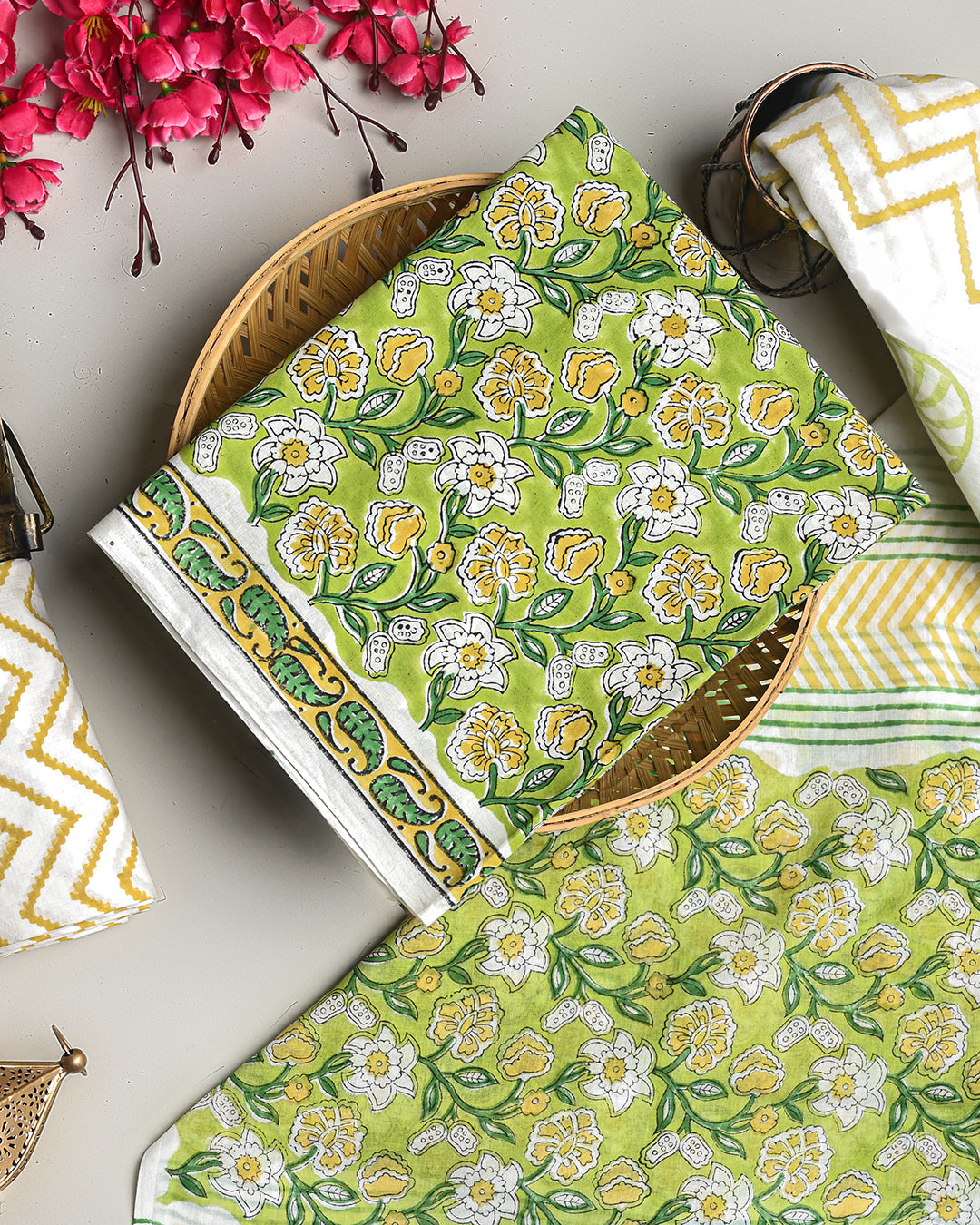 New Green Sanganeri Hand Block Print Cotton Suit Sets With Cotton Dupatta CFCOTMU72