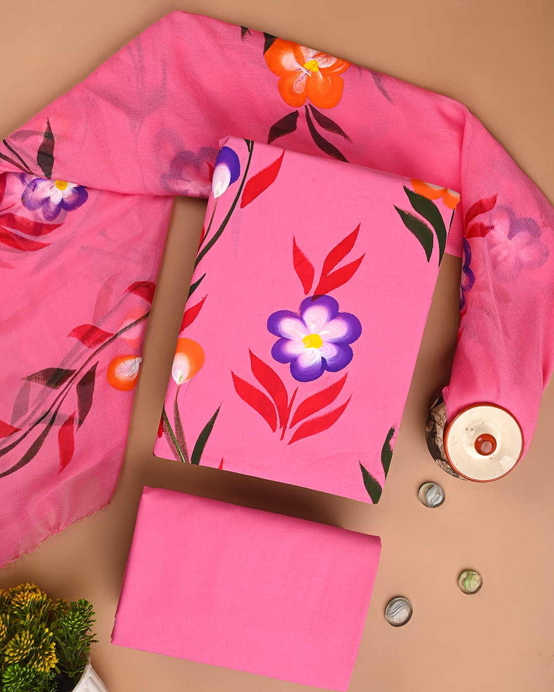 New Hand Printed Cotton Suit With Chiffon Dupatta CFCOTCH52