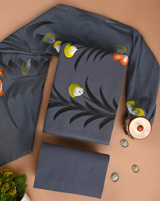 New Hand Printed Cotton Suit With Chiffon Dupatta (CFCOTCH53)