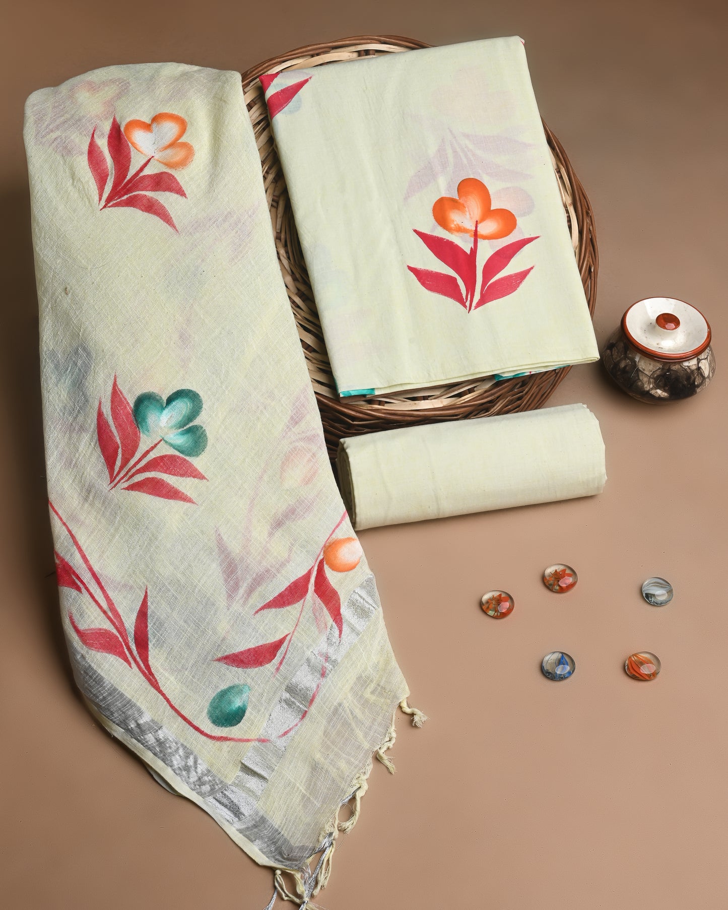 Premium Hand Printed Cotton Suit With Lilen Dupatta CFLID15