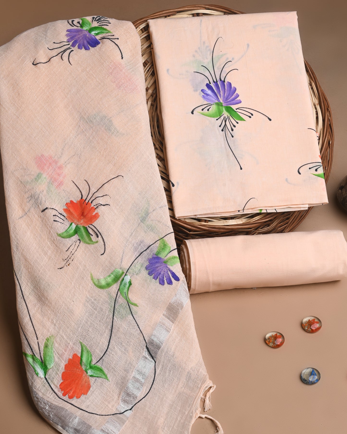 Premium Hand Printed Cotton Suit With Lilen Dupatta CFLID11