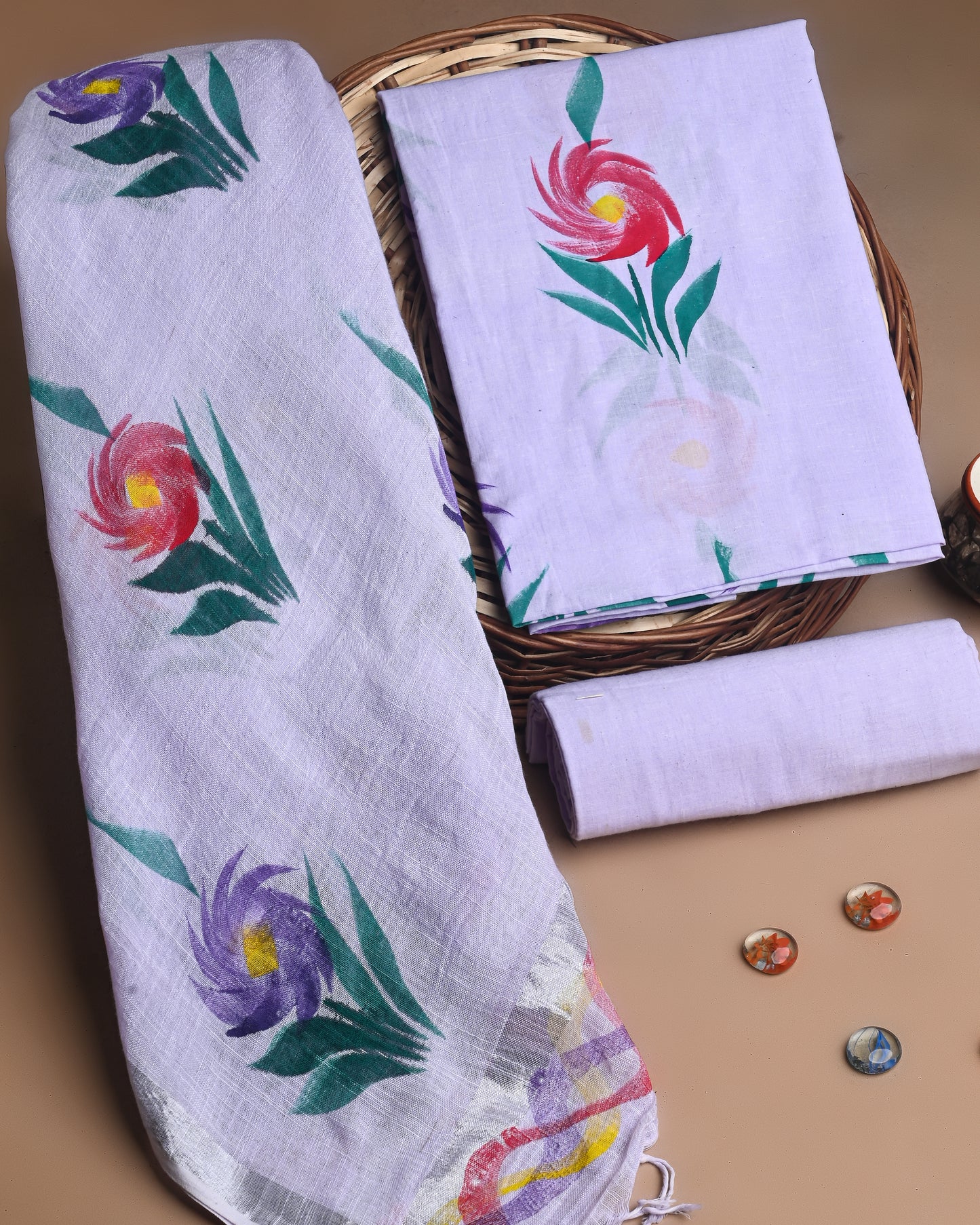 Premium Hand Printed Cotton Suit With Lilen Dupatta CFLID02