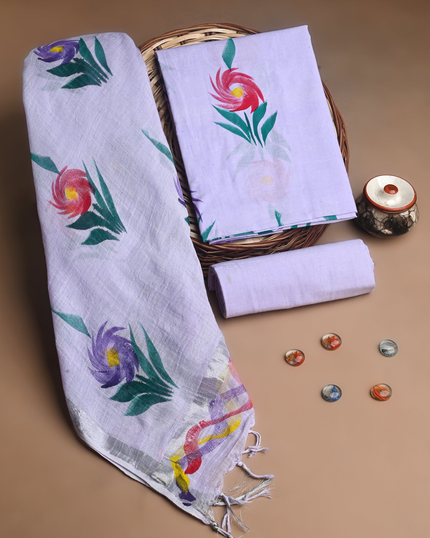 Premium Hand Printed Cotton Suit With Lilen Dupatta CFLID02