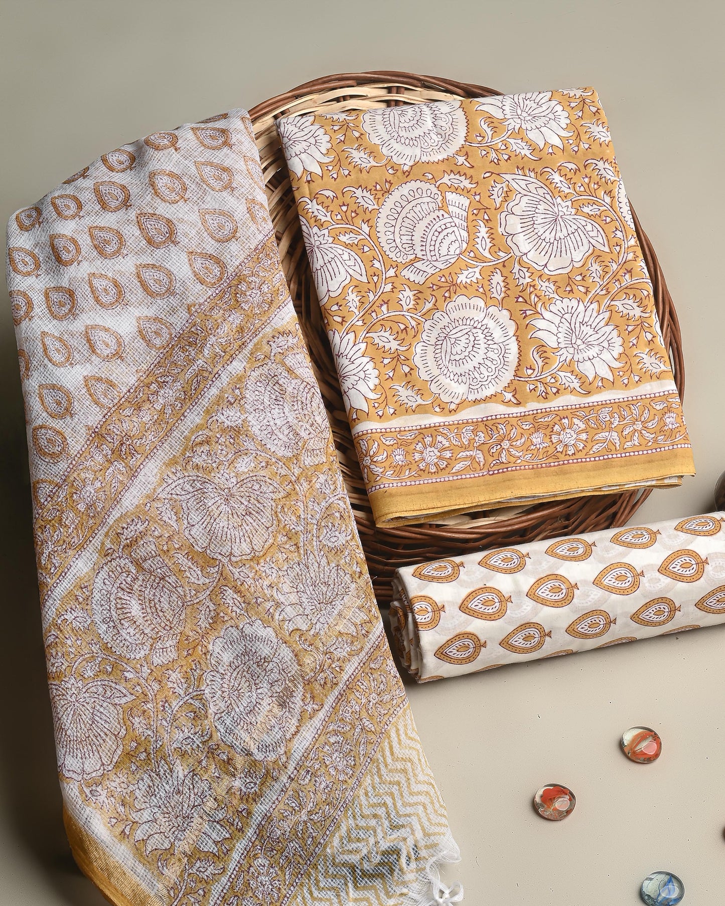 Exclusive Yellow and White Hand Block Print Cotton Suit With Kota Dupatta CFCOTKO57