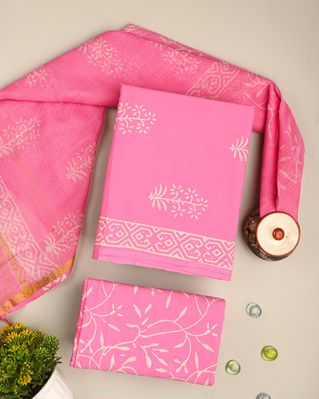 New Exclusive Hand Block Discharge Printed Cotton Suit With Kota Doria Duppata(CFCOTKO03)