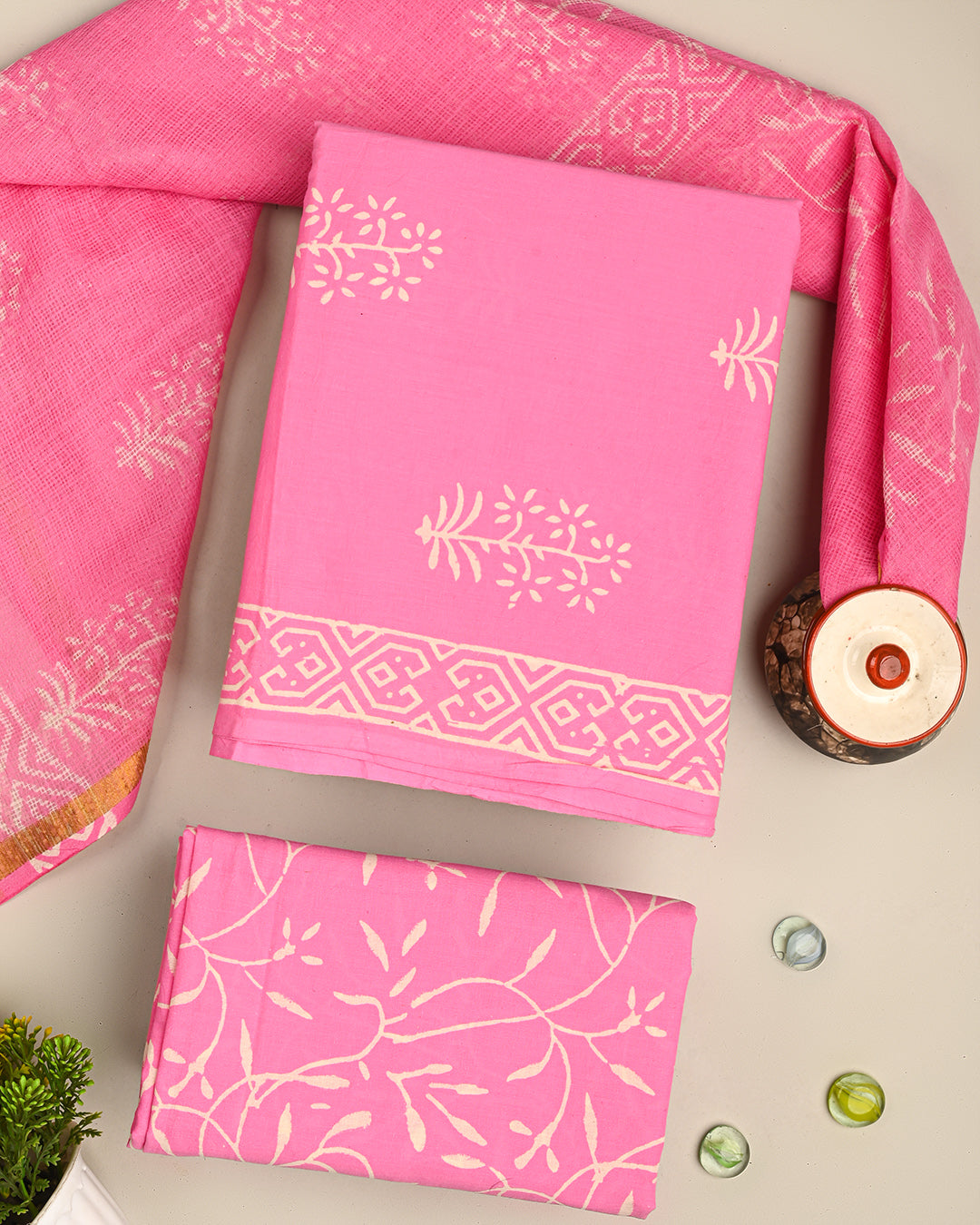 New Exclusive Hand Block Discharge Printed Cotton Suit With Kota Doria Duppata(CFCOTKO03)