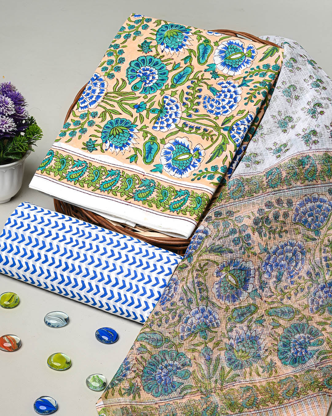 New Green Hand Painted Cotton Suit With Kota Doria Dupatta CFCOTKO42