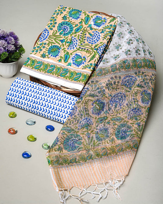 New Green Hand Painted  Cotton Suit With Kota Doria Dupatta CFCOTKO42