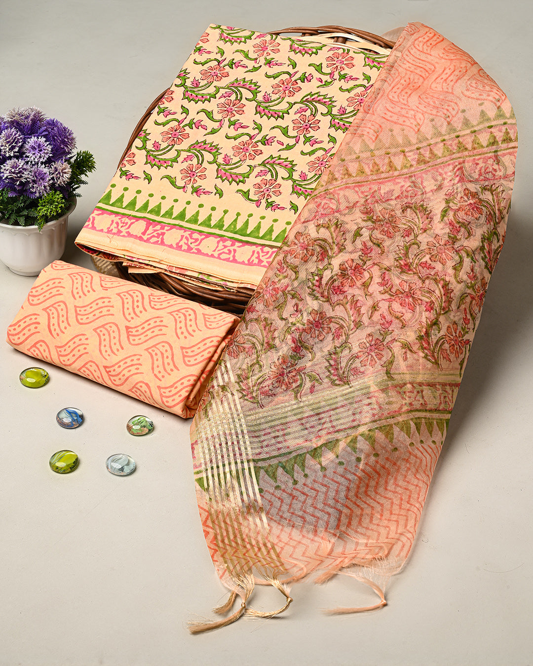 Exclusive Peach Sanganeri Printed Cotton Suit With Organza Dupatta CFCOD18