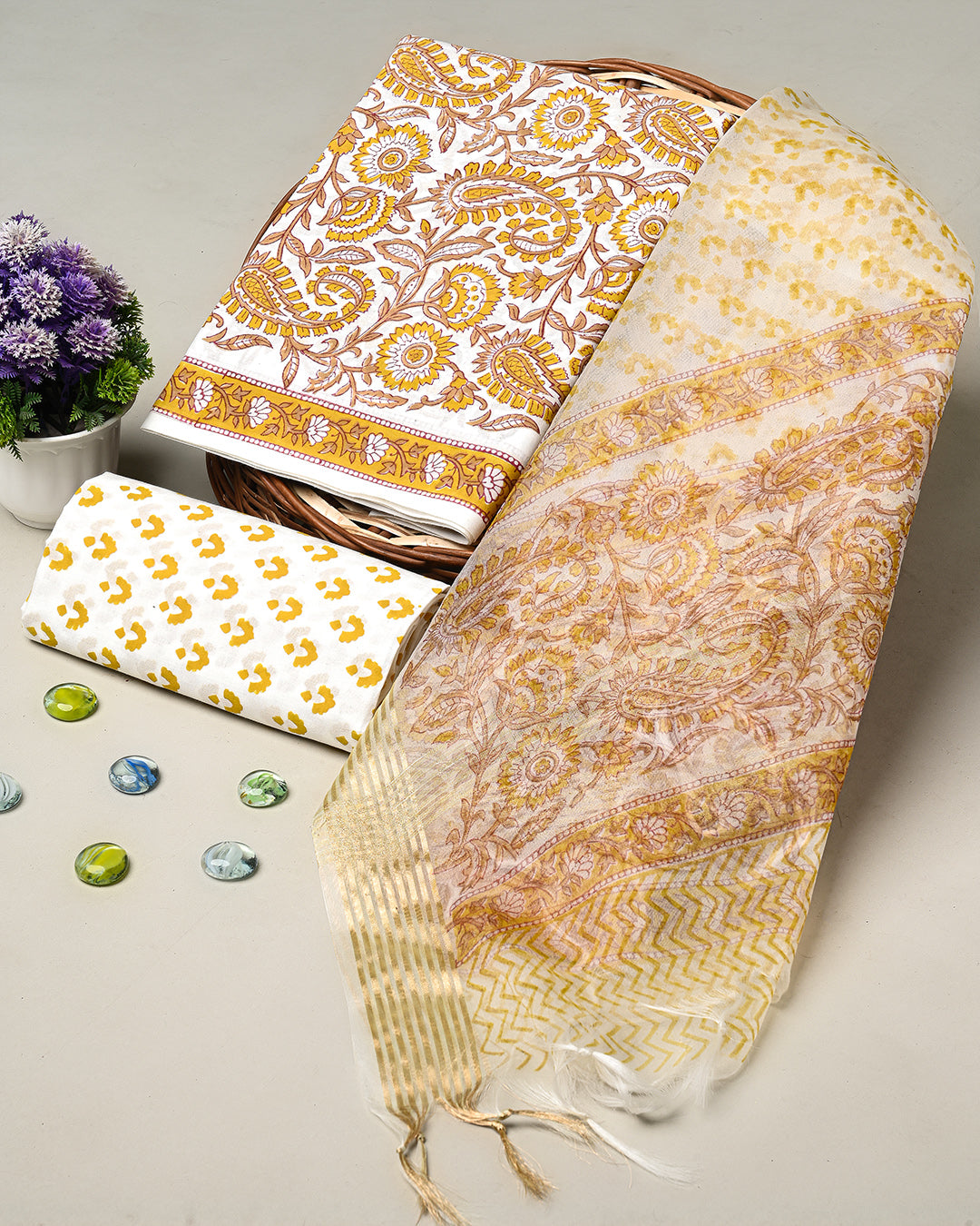 Exclusive Yellow Sanganeri Printed Cotton Suit With Organza Dupatta CFCOD17