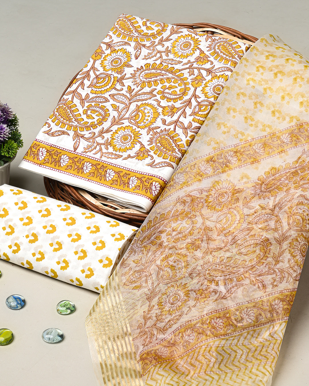Exclusive Yellow Sanganeri Printed Cotton Suit With Organza Dupatta CFCOD17