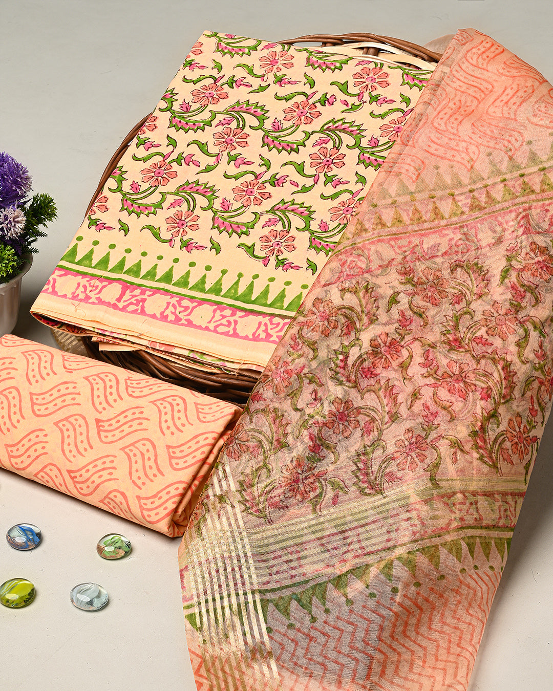 Exclusive Peach Sanganeri Printed Cotton Suit With Organza Dupatta CFCOD18