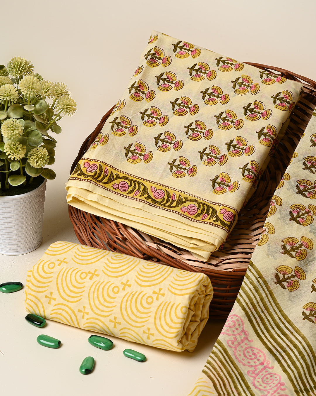 New Yellow Booti Sanganeri Hand Block Print Cotton Suit Sets With Cotton Dupatta CFCOTMU28
