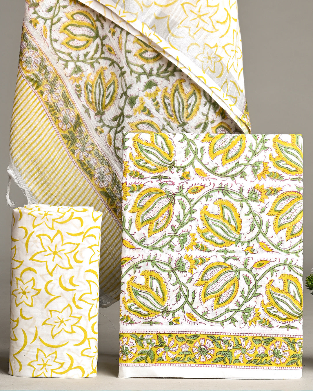 Premium Light Yellow Sanganeri Printed Cotton Suit With Lilen Dupatta CFLID19