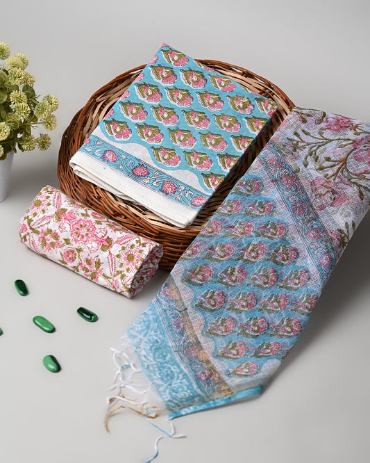 Premium Blue  Sanganeri Print Cotton Suit With Kota Doria Dupatta CFCOTKO41