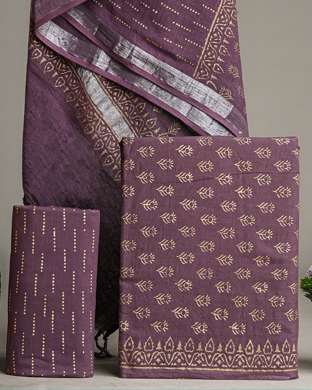 Brownish Hand Block Printed Cotton Suit With Linen Dupatta BSLID33
