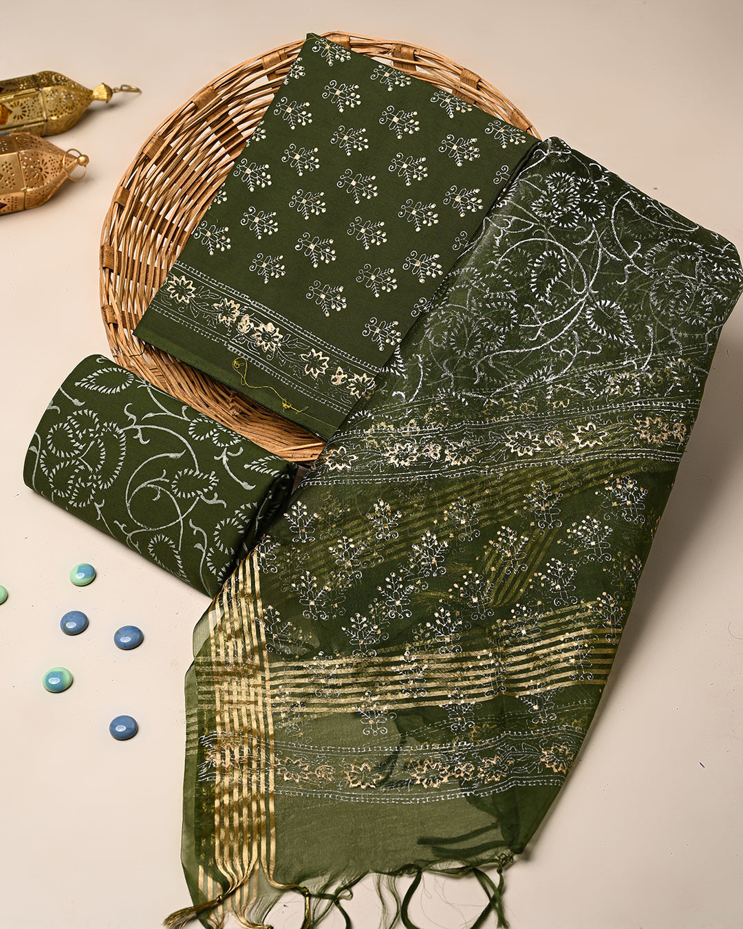 Exclusive Green Hand Block Printed Cotton Suit With Organza Dupatta (BSCOD45)